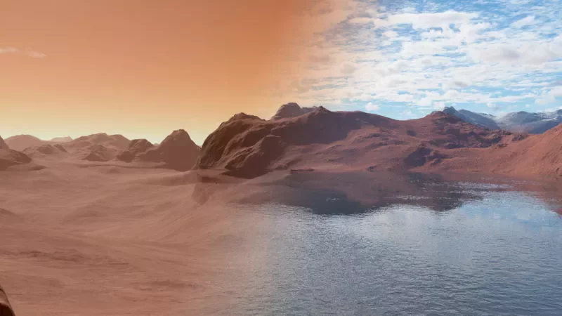 Рельеф Марса натуральный (слева) и с водой в представлении художника (справа)