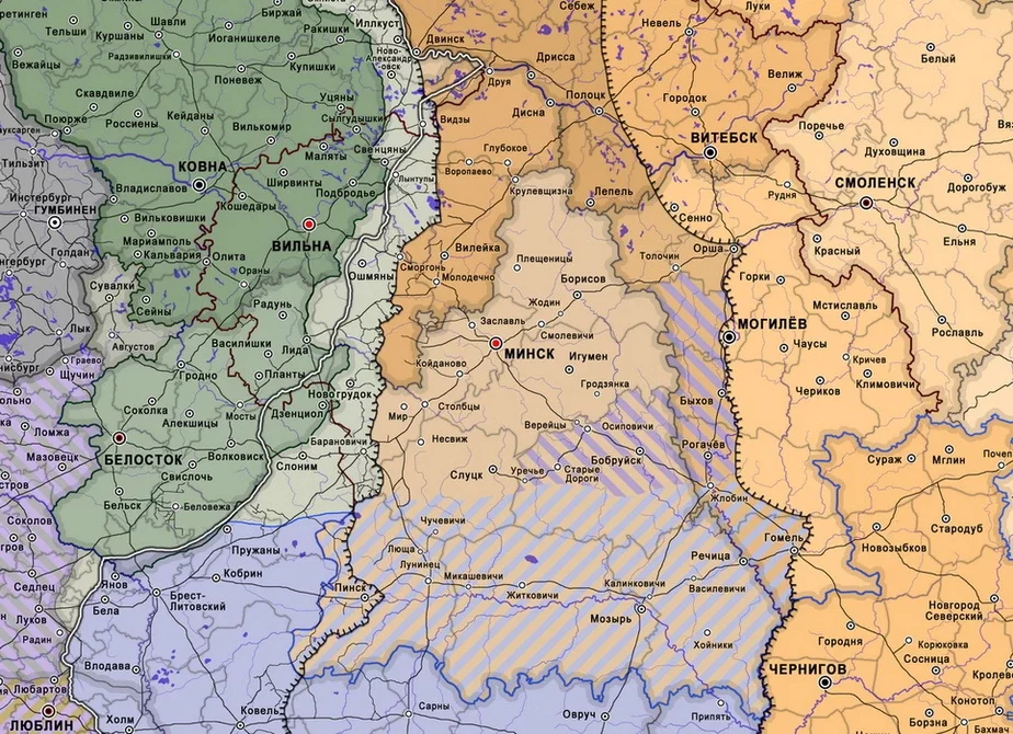 Согласно Брестскому миру, граница России по беларусским землям проходила по линии Сенно — Орша — Могилев — Быхов — Гомель.