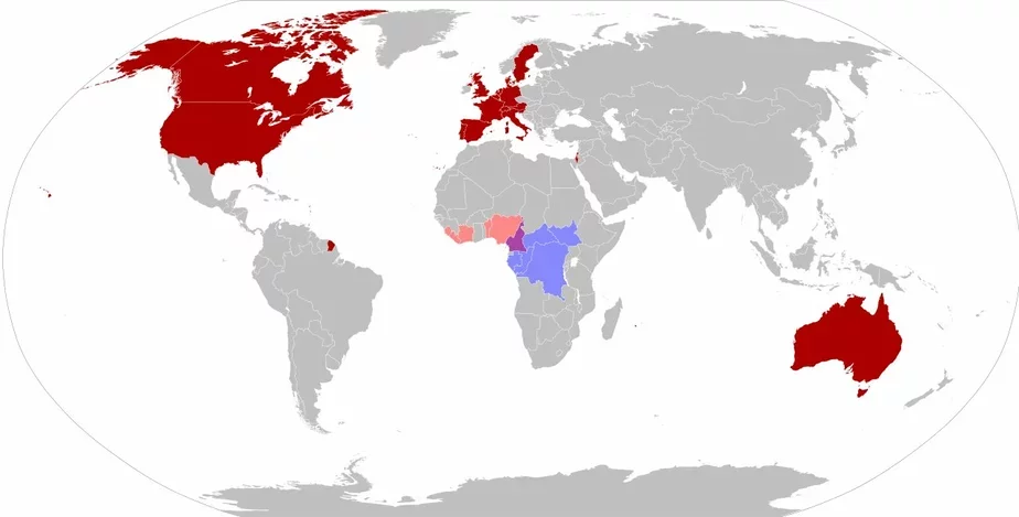 Mapa raspaŭsiudu vospy małpaŭ. Krynica: wikipedia.org