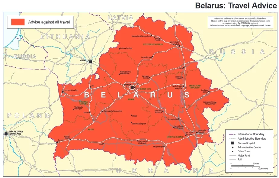 Карта ад МЗС Вялікабрытаніі. Беларусь на ёй — зона, у якую непажаданы ўезд.