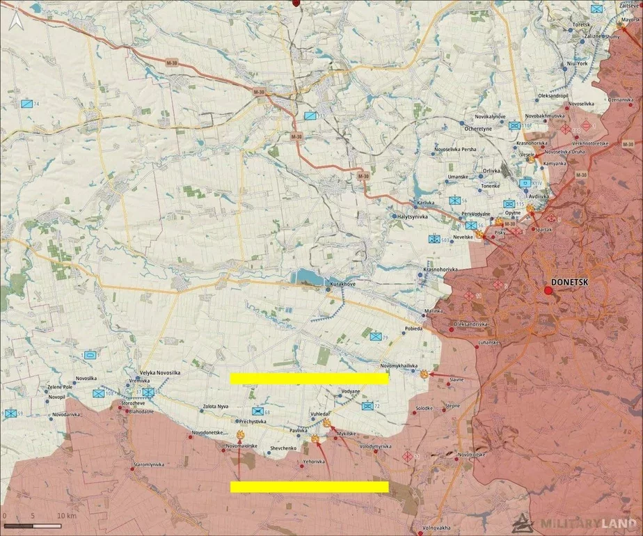 Зона баёў пад Паўлаўкай — між жоўтымі лініямі на мапе.
