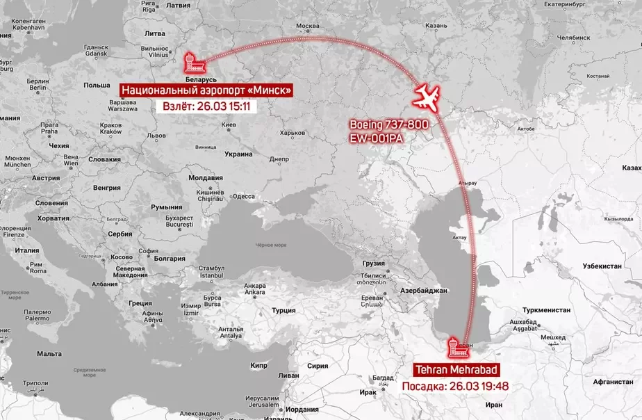 Палёт, які быў здзейснены на самалёце Boeing 737-800 з авіяпарку Лукашэнкі ў нядзелю, 26 сакавіка